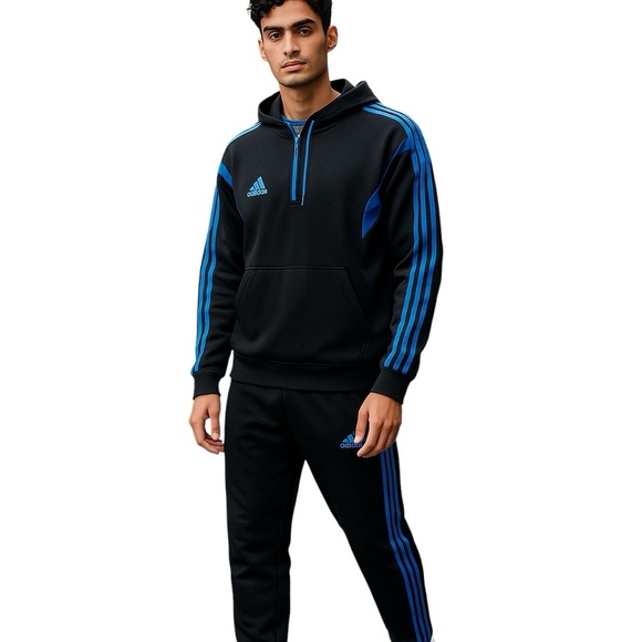 Vintage ADIDAS Hoodie Track Set (2pc) Black Royal Blue Three Stripe Size Large - Picture 4 of 11